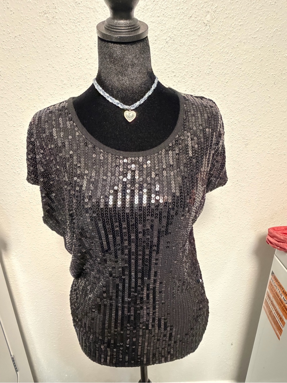 Vivienne Tam Black Sequin Short-Sleeve Scoop Neck Top
